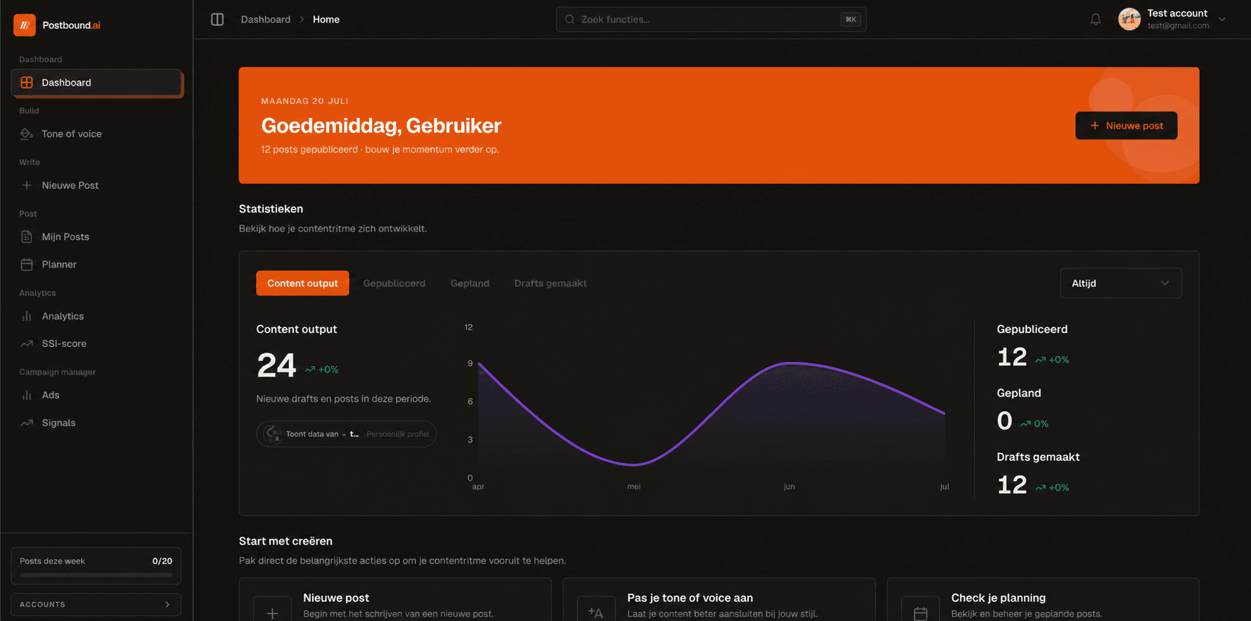 Het Postbound-dashboard in donkere modus